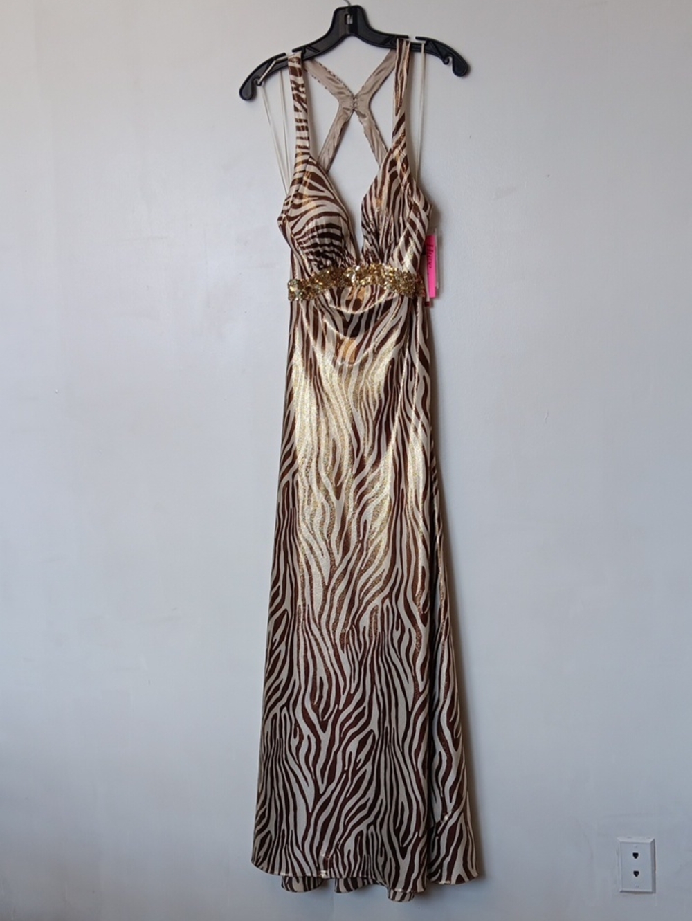Vintage La Femme Gold and Brown Zebra-Print Maxi Dress with Embellished Waist - Picture 1 of 16